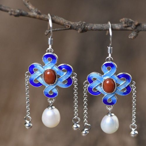 Boucles D'oreilles Vintage En Argent Pur S925 Pour Femmes, Boucles D'oreilles À Cloisonner, N¿Ud Chinois De Bon Augure, Agate Rouge, Perle D'eau Douce, Nouvelle Collection