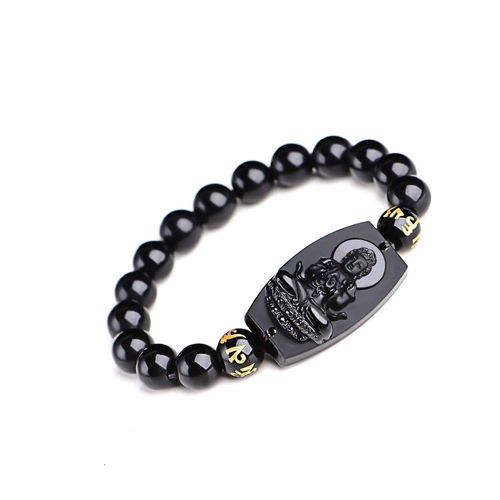 Bracelet De Bouddha Sculpté En Obsidienne Noire Naturelle, Amulette Porte-Bonheur Ronde Perlée Pour Femmes Et Hommes, Bijoux