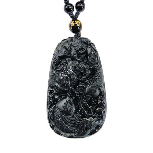 Collier Pendentif Poisson Koi Obsidian Pixiu Pour Hommes, Bijou En Jade Noir Avec Chaîne