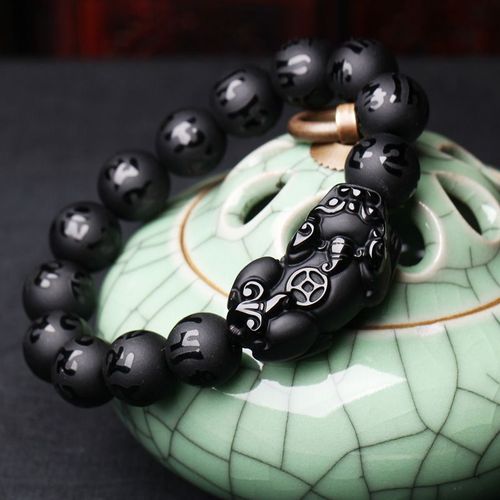 Bracelet En Obsidienne Noire Naturelle, Six Mots, Perles Rondes Pixiu, Bijoux En Jade Pour Hommes