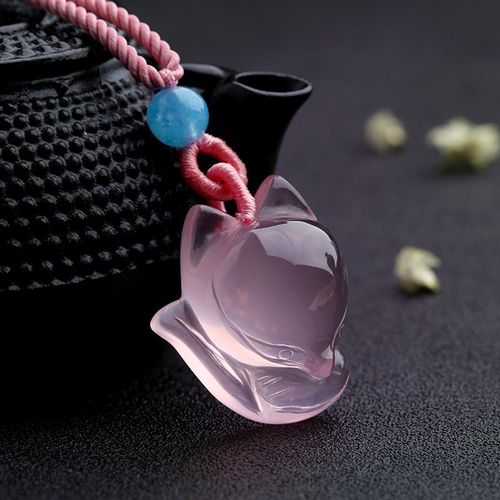 Collier Avec Pendentif En Agate Et Renard, Calcédoine Rose Naturelle, Bijoux À La Mode, Amulette Sculptée, Cadeaux Pour Femmes Et Hommes, Chaîne De Pull, 1 Pièce