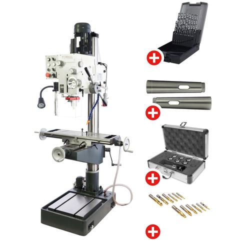 Pack Perceuse-fraiseuse à colonne perçage jusqu'à ø 32 mm CM4/M16 1,5 kW 400 V table croisée + pompe et accessoires de base Torros PF40CP PACK