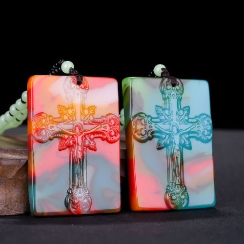 Collier Pendentif En Croix De Jade Coloré Chinois, Bijoux, Accessoires De Mode, Sculpté À La Main, Amulette Porte-Bonheur Pour Homme Et Femme, Chaîne De Pull, 1 Pièce