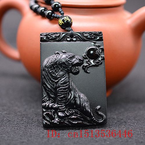 Collier En Obsidienne Noire Naturelle, Pendentif Tigre De Montagne Avec Perles, Jade Noir, Bijoux Pour Hommes Femmes, Vente En Gros
