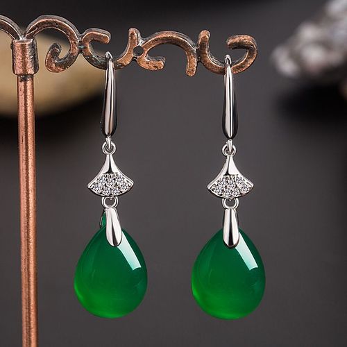 Boucles D'oreilles En Forme De Goutte D'eau Pour Femmes, Bijoux En Argent, Jade, Émeraude, Perles De 10mm, Pierres Précieuses, Agate Verte Naturelle, Calcédoine, À La Mode, Cadeaux, 925