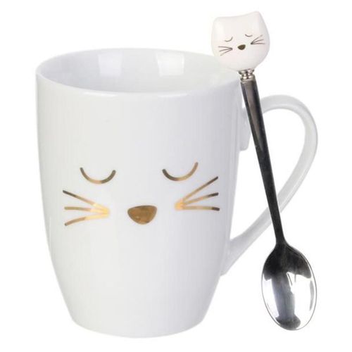 Paris Prix - Mug Déco Avec Cuillère "Chat" 11cm Blanc