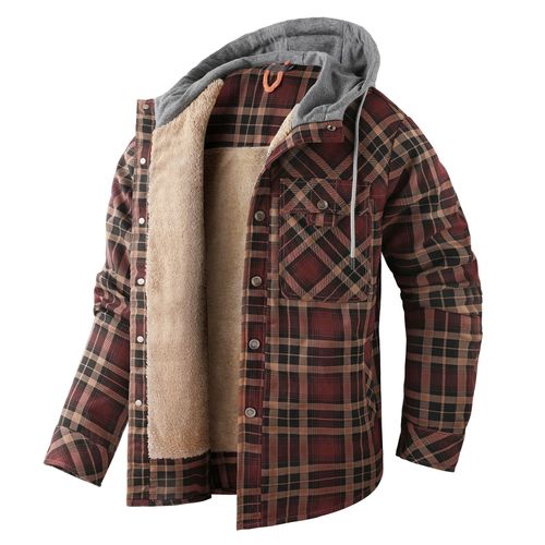 Hommes Manches Longues En Duvet Épaissi À Capuche Plaid Chemise Automne Hiver Top Grande Taille Coton Manteau Gris Café Taille S