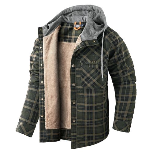 Hommes Manches Longues En Duvet Épaissi À Capuche Plaid Chemise Automne Hiver Top Grande Taille Coton Manteau Gris Vert L