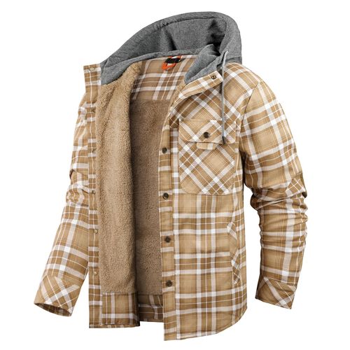 Hommes Manches Longues En Duvet Épaissi À Capuche Plaid Chemise Automne Hiver Top Grande Taille Coton Manteau Kaki L