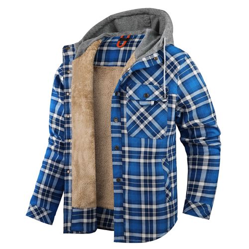Hommes Manches Longues En Duvet Épaissi À Capuche Plaid Chemise Automne Hiver Top Grande Taille Coton Manteau Bleu L