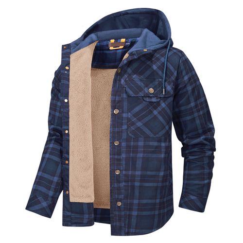 Hommes Manches Longues En Duvet Épaissi À Capuche Plaid Chemise Automne Hiver Top Grande Taille Coton Manteau Bleu Foncé Taille S