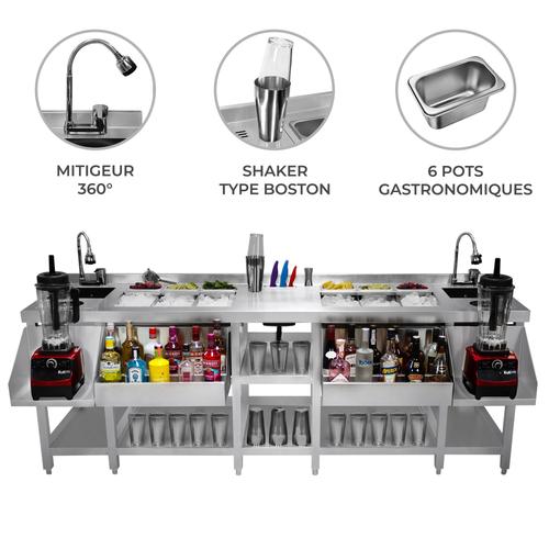 Station Jumelle Siamoise Professionelle Bar Cocktails Restaurant Café Hotel Horeca Cdhr 220cmx78 Cm 2 X Bac À Glaçons 69l Acier Inoxydable 304 Modulable [Boston Shaker & Robinet 360° Inclus]