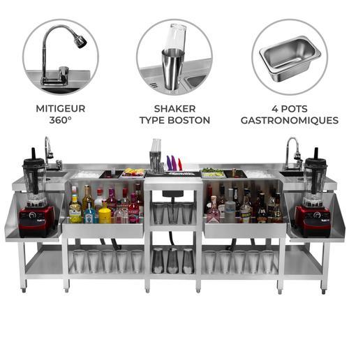 Station Jumelle Compacte Professionelle Bar Cocktails Restaurant Café Hotel Horeca Cdhr 220cmx73 Cm 2 X Bac À Glaçons 50l Acier Inoxydable 304 Modulable [Boston Shaker & Robinet 360° Inclus]