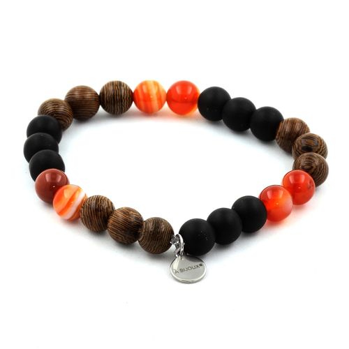 Bracelet Perles Agate Rubanée + Onyx Noir Mat + Bois 8 Mm. Fabriqué En France.