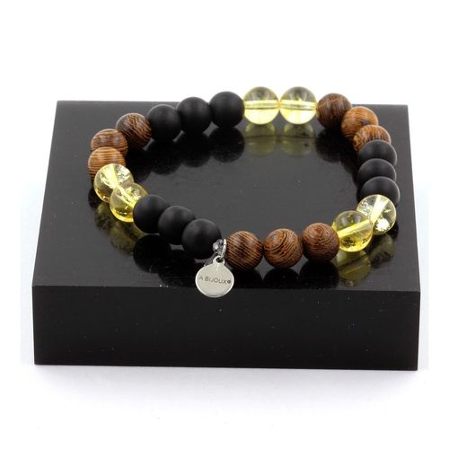 Bracelet Perles Citrine + Onyx Noir Mat + Bois 8 Mm. Fabriqué En France.