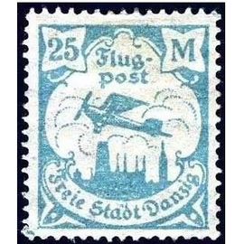 Allemagne, Ville Libre De Danzig 1923, Beau Timbre De Poste Aérienne Yvert 8, Petit Avion Survolant La Ville, 25mk. Bleu Ciel, Neuf*