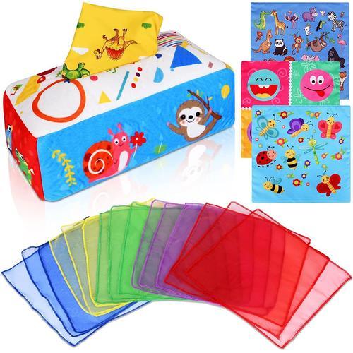 Jouet Bébé Boîte À Mouchoirs,Livre Tissu Bébé Jouet Pour Bébé Montessori 4 Morceaux De Papier + 15 Gaze Avec Couleurs,Sons-Nouveaux Jouets Sensoriel Jeux Montessori Pour Bébés De 6 À 18 Mois