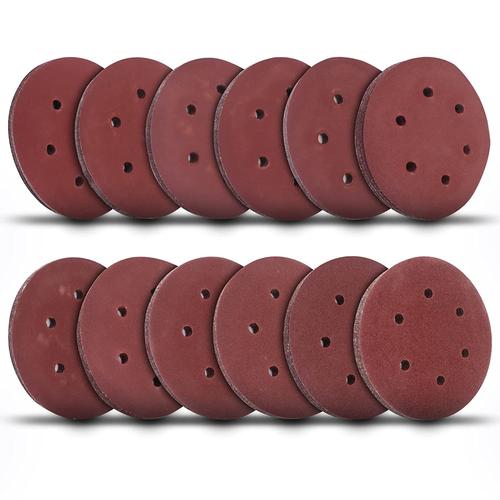 Lot de 120 disques abrasifs de 150mm Feuilles abrasives 60 80 100 120 150 180 240 320 600 800 1000 1200 6 trous Papier abrasif pour bois et métal pour ponceuse orbitale