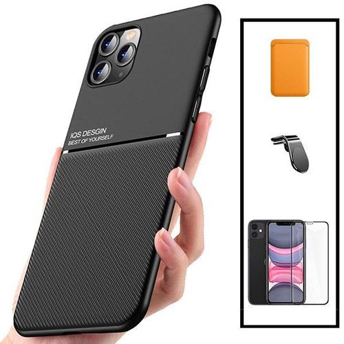 Kit Coque Magnétique Lux + Portefeuille Magnétique Orange + 5d Full Cover + Support Magnétique L Pour Iphone 11 Pro