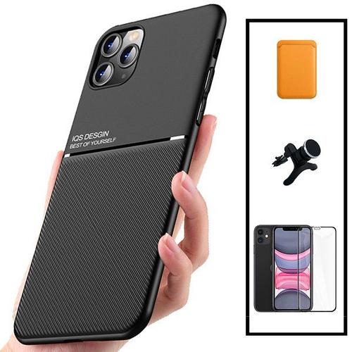 Kit Coque Magnétique Lux + Portefeuille Magnétique Orange + 5d Full Cover + Support Magnétique Renforcé Pour Iphone 11