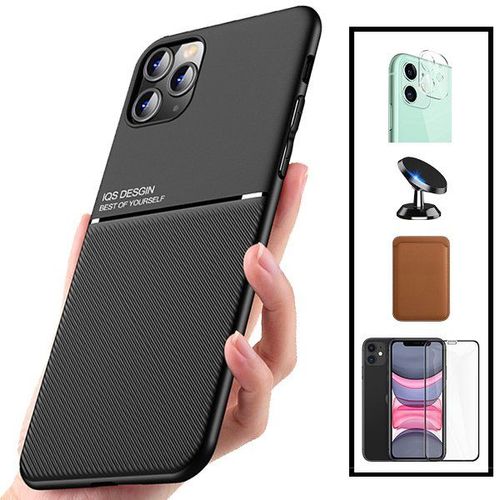 Kit Coque Magnétique Lux + Portefeuille Magnétique Marron + 5d Full Cover + Film Caméra Arrière + Support Magnétique Pour Iphone 11