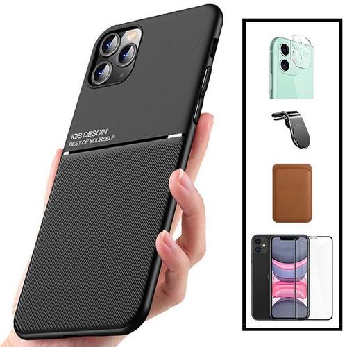 Kit Coque Magnétique Lux + Portefeuille Magnétique Marron + 5d Full Cover + Film Caméra Arrière + Support Magnétique L Pour Iphone 12