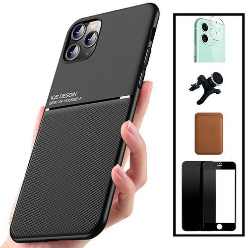Kit Coque Magnétique Lux + Portefeuille Magnétique Marron + 5d Full Cover + Film Caméra Arrière + Support Magnétique Renforcé Pour Iphone 11