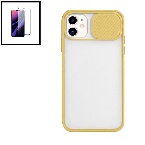 Kit Coque Avec Fenetre Anti-Choc Mat + Film De Verre Trempé 5d À Couverture Complète Pour Iphone 12 Pro - Jaune