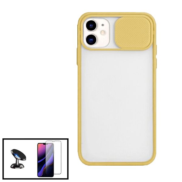 Kit Coque Avec Fenetre Anti-Choc Mat + Film De Verre Trempé 5d À Couverture Complète + Support Magnétique De Voiture Pour Iphone 12 Pro - Jaune