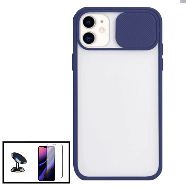 Kit Coque Avec Fenetre Anti-Choc Mat + Film De Verre Trempé 5d À Couverture Complète + Support Magnétique De Voiture Pour Iphone Xr - Bleu Foncé