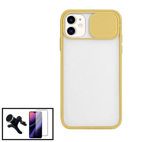 Kit Coque Avec Fenetre Anti-Choc Mat + Film De Verre Trempé 5d À Couverture Complète + Support Magnétique De Voiture Renforcé Pour Iphone 11 Pro Max - Jaune