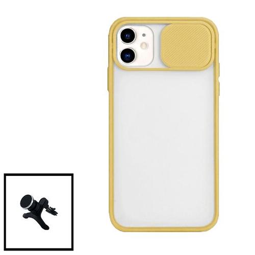 Kit Coque Avec Fenetre Anti-Choc Mat + Support Magnétique De Voiture Renforcé Pour Iphone 11 Pro Max - Jaune