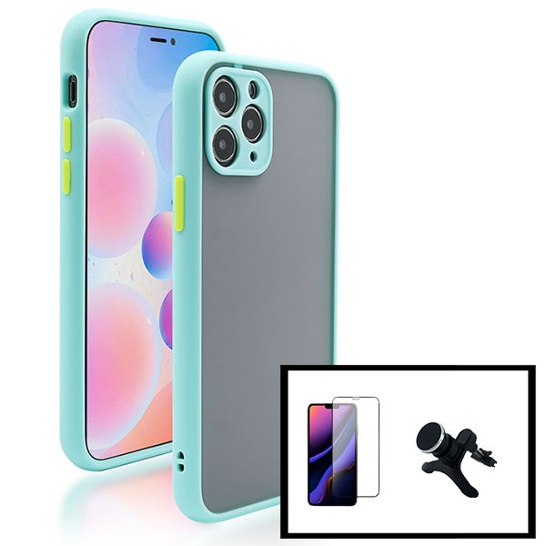 Kit Coque Antichoc Caméra Protection + Film De Verre Trempé 5d À Couverture Complète + Support Magnétique De Voiture Renforcé Pour Iphone 11 Pro Max - Bleu Clair