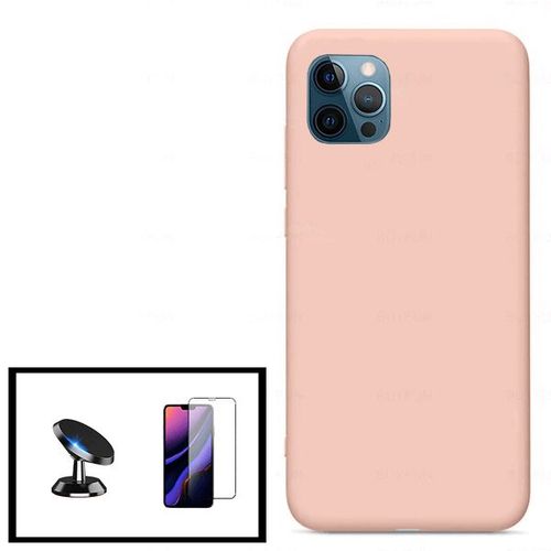 Kit Film De Verre Trempé 5d À Couverture Complète + Coque En Silicone Liquide + Support Magnétique De Voiture Pour Iphone 11 Pro - Rose