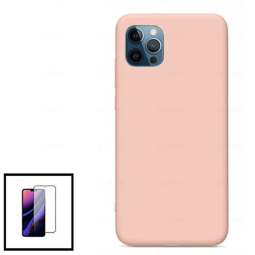 Kit Film De Verre Trempé 5d À Couverture Complète + Coque En Silicone Liquide Iphone 12 Mini - Rose