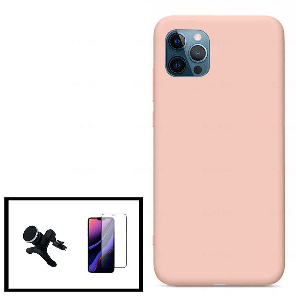 Kit Film De Verre Trempé 5d À Couverture Complète + Coque En Silicone Liquide + Support Magnétique De Voiture Renforcé Pour Iphone 11 Pro Max - Rose