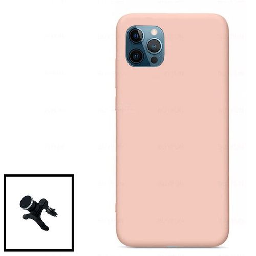 Kit Support Magnétique De Voiture Renforcé + Coque En Silicone Liquide Iphone 11 Pro Max - Rose