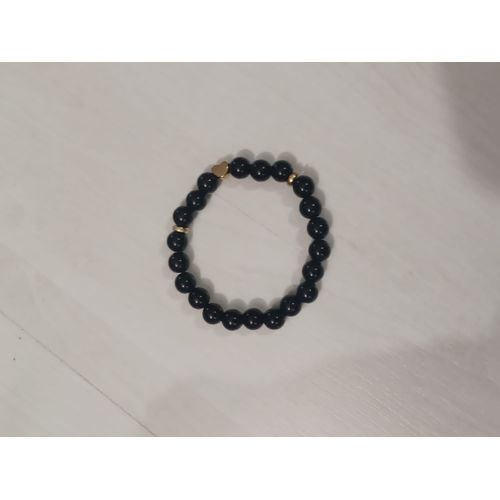 Bracelet Elastique Perles Noires Coeur Doré