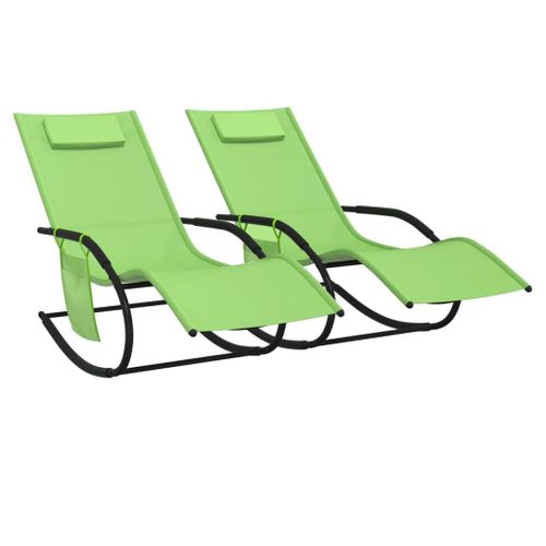 Vidaxl Chaises Longues À Bascule 2 Pcs Vert Acier Et Textilène