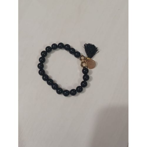 Bracelet Elastique Perles Noires Et Breloques Dorées
