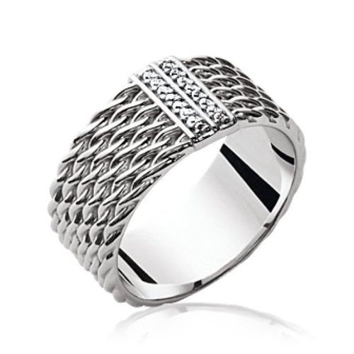 Bague Sertie Femme - Argent 925 Massif Rhodié - Vannerie Et Barre Zircons