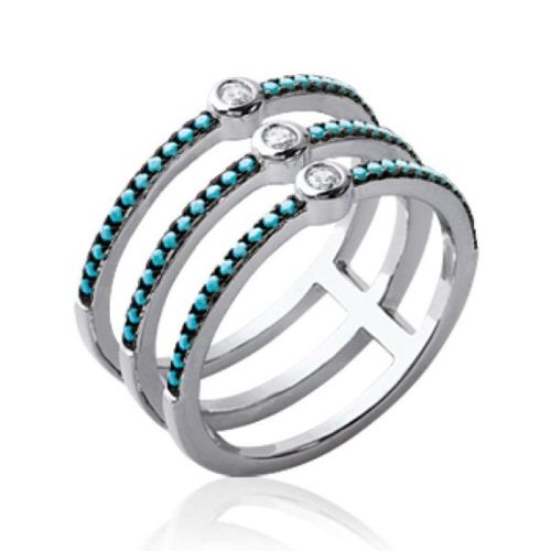 Bague Triple Anneaux Femme - Argent Massif 925 Rhodié - Strass Et Pierres Bleues