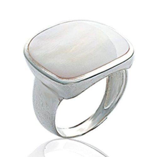 Grosse Bague Chevalière Femme - Argent Massif 925 - Grosse Nacre Carrée Ivoire