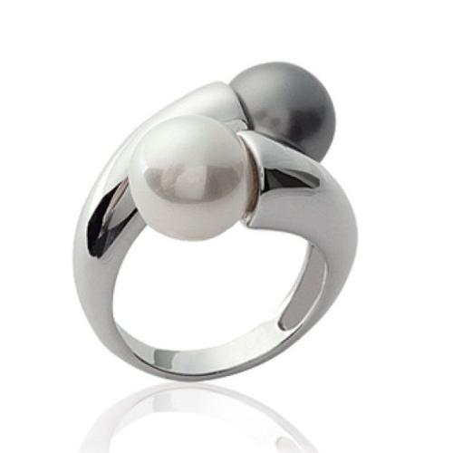 Bague Anneau Femme - Argent 925/1000 Massif Rhodié - Perles Grise Et Noire