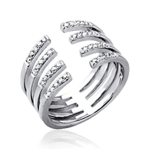 Bague Ouverte 4 Anneaux Femme - Argent Massif 925 Rhodié - Sertie De Strass