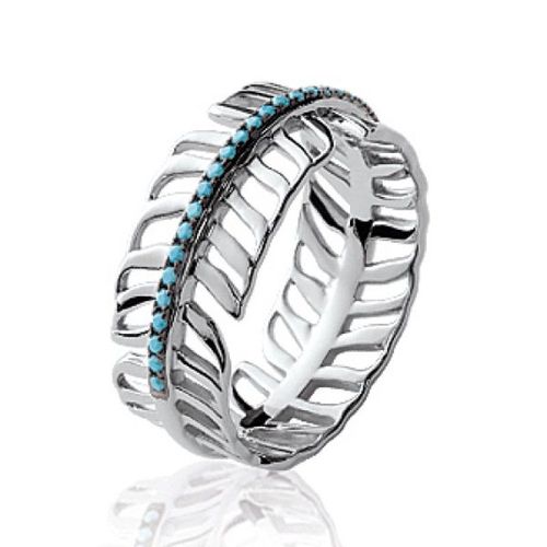 Bague Plume Femme - Argent Massif 925 Rhodié - Zircons Et Pierres Bleues