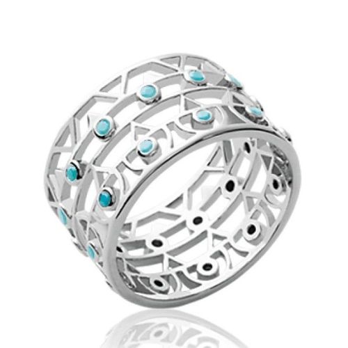 Bague Anneau Jonc Femme - Argent Massif 925 Rhodié - Zircons Pierres Turquoises