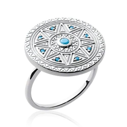 Bague Indienne Disque Femme - Argent Massif 925 Rhodié - Zircons Pierres Bleues