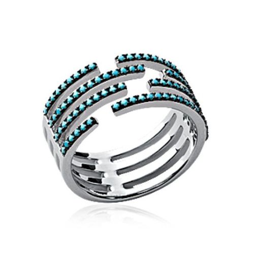 Bague 4 Anneaux Femme - Argent Massif 925 Rhodié - Zircons Et Pierres Turquoise