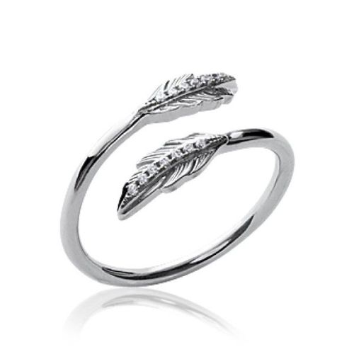 Bague Plume Ouverte Femme - Argent Massif 925/1000 Rhodié - Zirconium